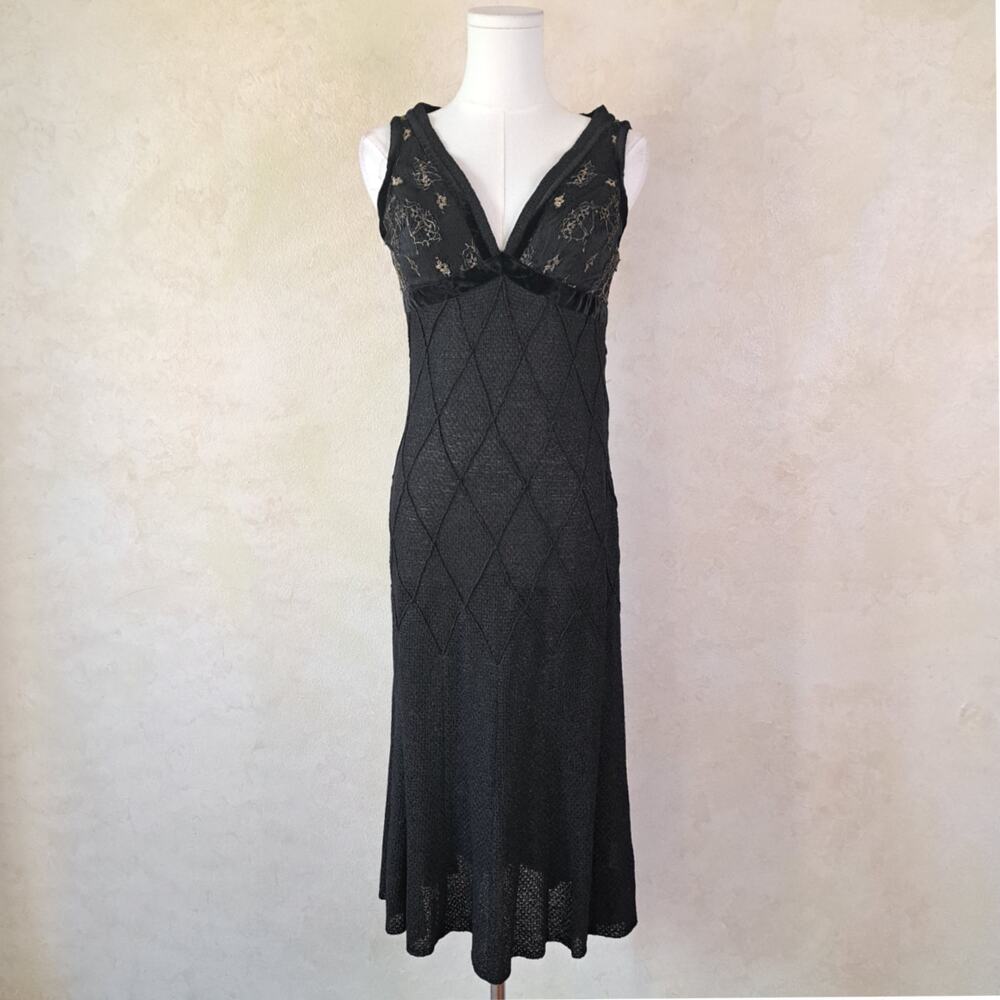 St John Evening NWT Black Metallic Knit Dress Gold Lace Empire Midi 2 Art Deco